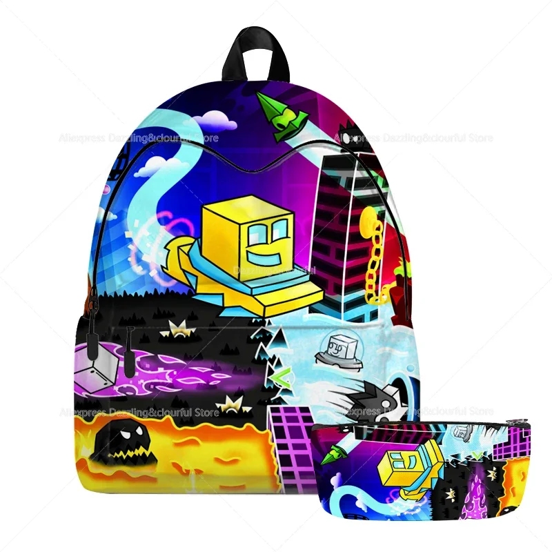 Angry Geometry Dash Backpack 2pcs/set Multi-pocket Unisex School Boys Girls Student Bag Teenagers Mochila Fashion Children Gifts