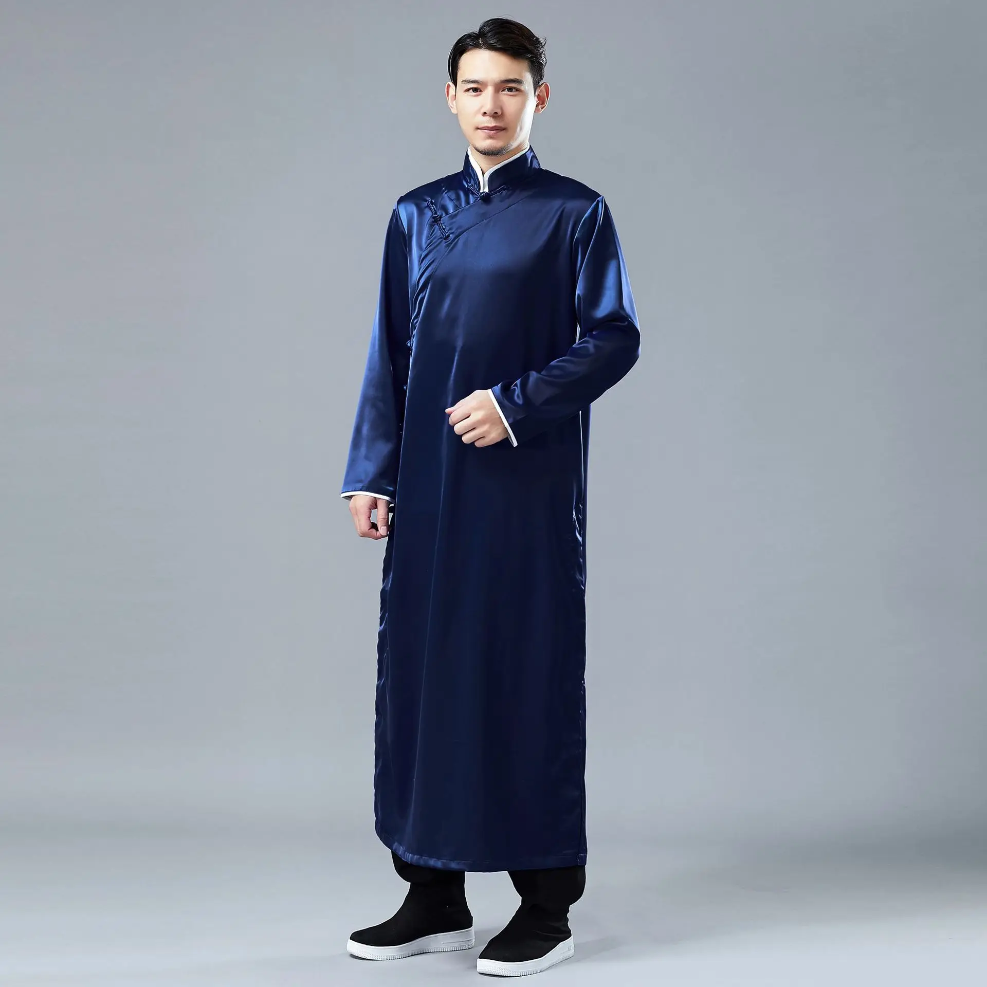 

Satin Long Shirt Men Tang Suit Republic of China Style Robe Comic Dialogue Clothes Casual Chinese Traditional Clothing Ethnic