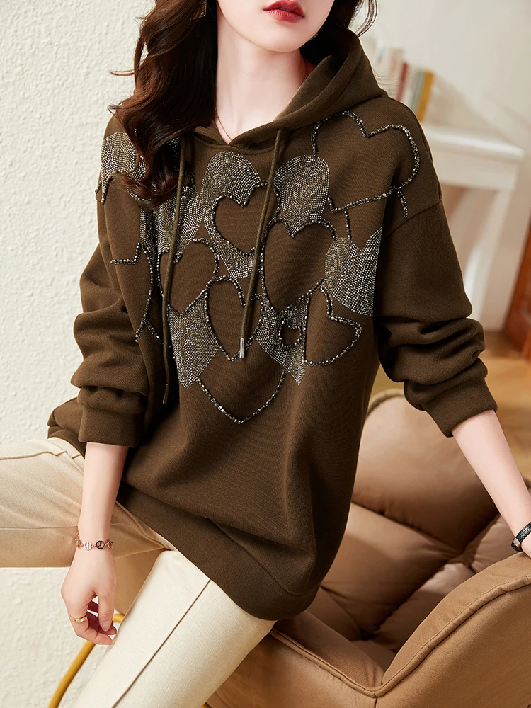 Winter Warm Velvet Hoodies Autumn Beaded Hooded Women Sweatshirts Vintage Loose Casual Oversized Tops Thick Pullovers Coffee