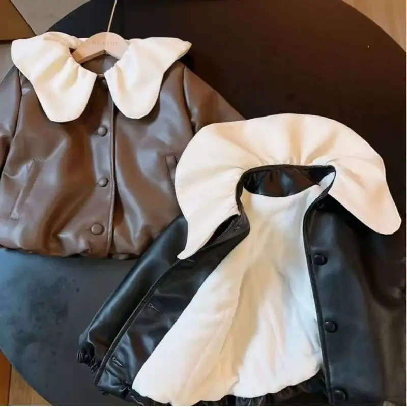 

Autumn WinterGirls Boys PU Leather Jacket Keep Warm Thicken Faux Fur In One Coat Thick Girls Outerwear New Kids Clothes 90-140CM
