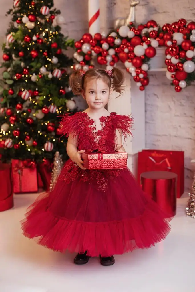 레드 깃털 꽃의 소녀 드레스 레이스 긴 유아 소녀의 생일 파티 가운 맞춤형 Tulle Little Baby Pageant Dress