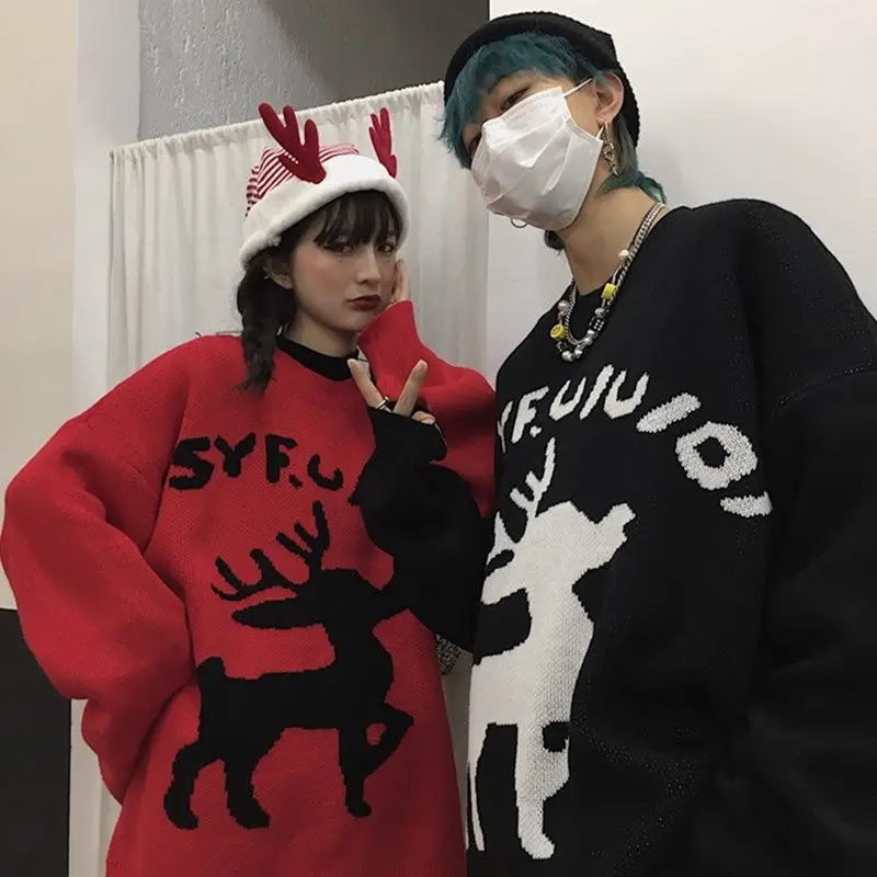 Christmas Series Deer Pullover Knitted Sweater Women 2024 Autumn Winter New Harajuku Style Couple Wear Design Top