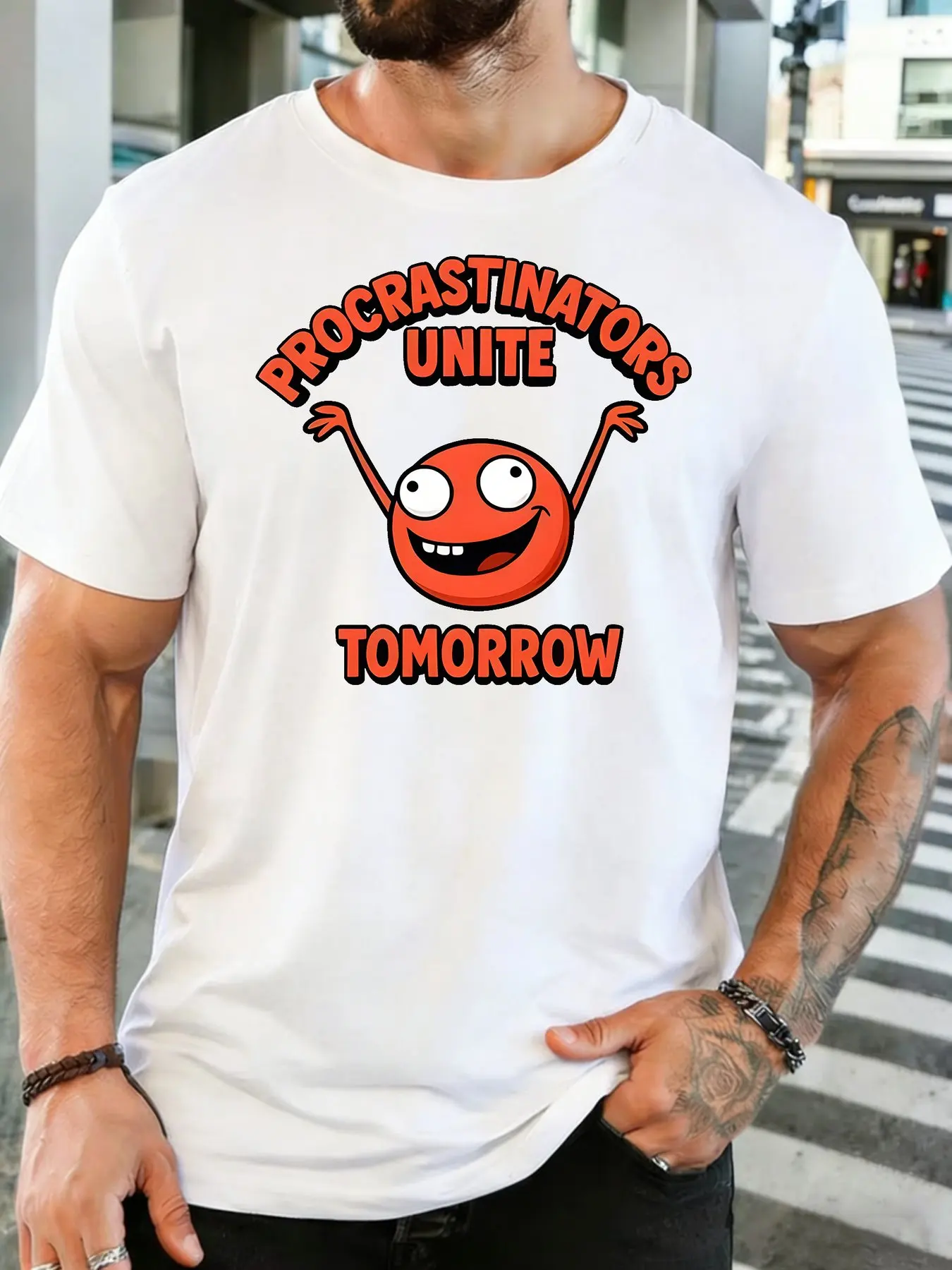 Fashion Mens Red Basic Tee Cheerful Cartoon Round Character Procrastinators Unite Tomorrow Sarcasm Casual Short Sleeve Shirts