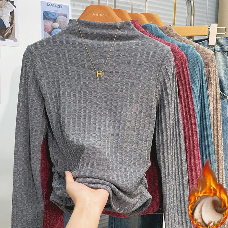 الكورية نمط بسيط قاعدة طبقة القمم الياقة المدورة صوف مبطن متماسكة طويلة الأكمام تي شيرت الخريف الشتاء بلون تنوعا تيز