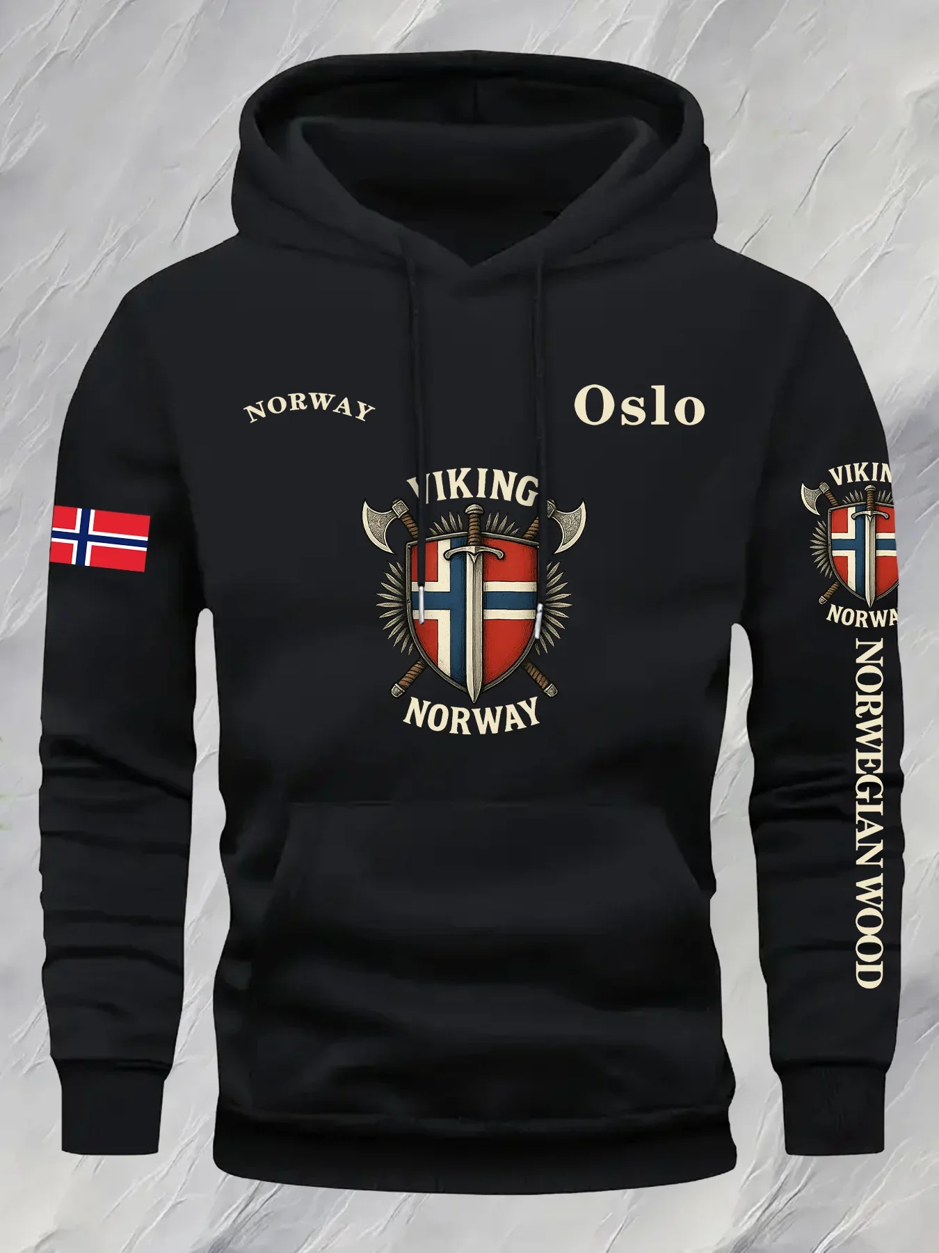 Men's Viking Graphic Hooded Sweatshirt - Royal Blue Norway Flag & Shield Design Relaxed Fit Casual Pullover Streetwear
