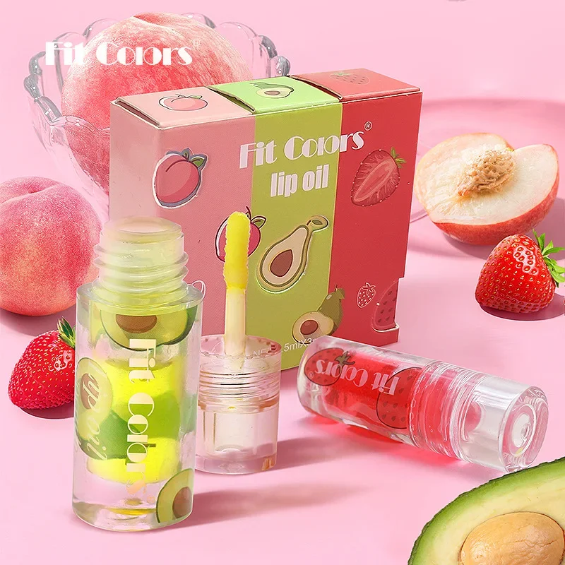 Fit Colors 3pcs Fruit Lip Oil Set Moisturize Hydrating Transparent Water Light Lip Balm Long Lasting Waterproof Lip Glaze
