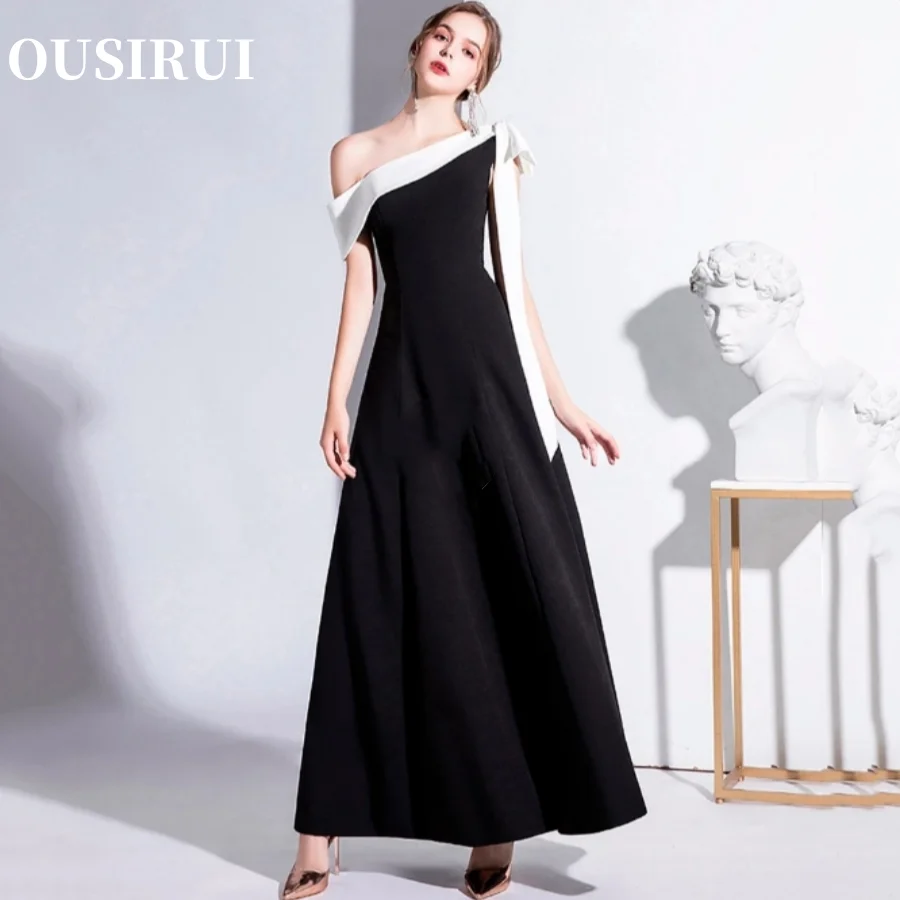 OUSIRUI Cocktail Dresses Evening Dresses Sexy A-Lin Satin Prom Dress Black Prom Dresses One-Shoulder Sexy Floor-Length