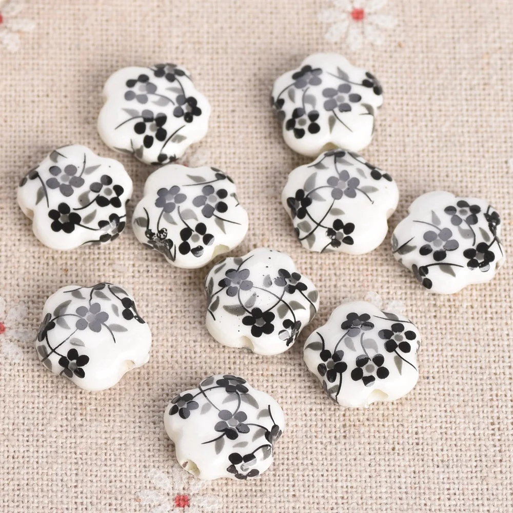 10pcs 15mm Flower Shape Patterns Ceramic Porcelain Loose Crafts Beads Lot For Jewelry Making DIY Findings