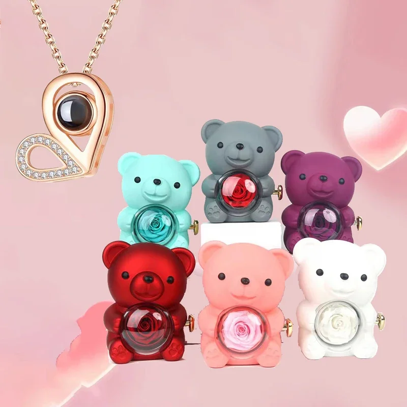 

Customized Color Photo Projection Loving Heart Necklaces With Cute Bear Rose Flower Gift Box New Festival Christmas Party Gifts