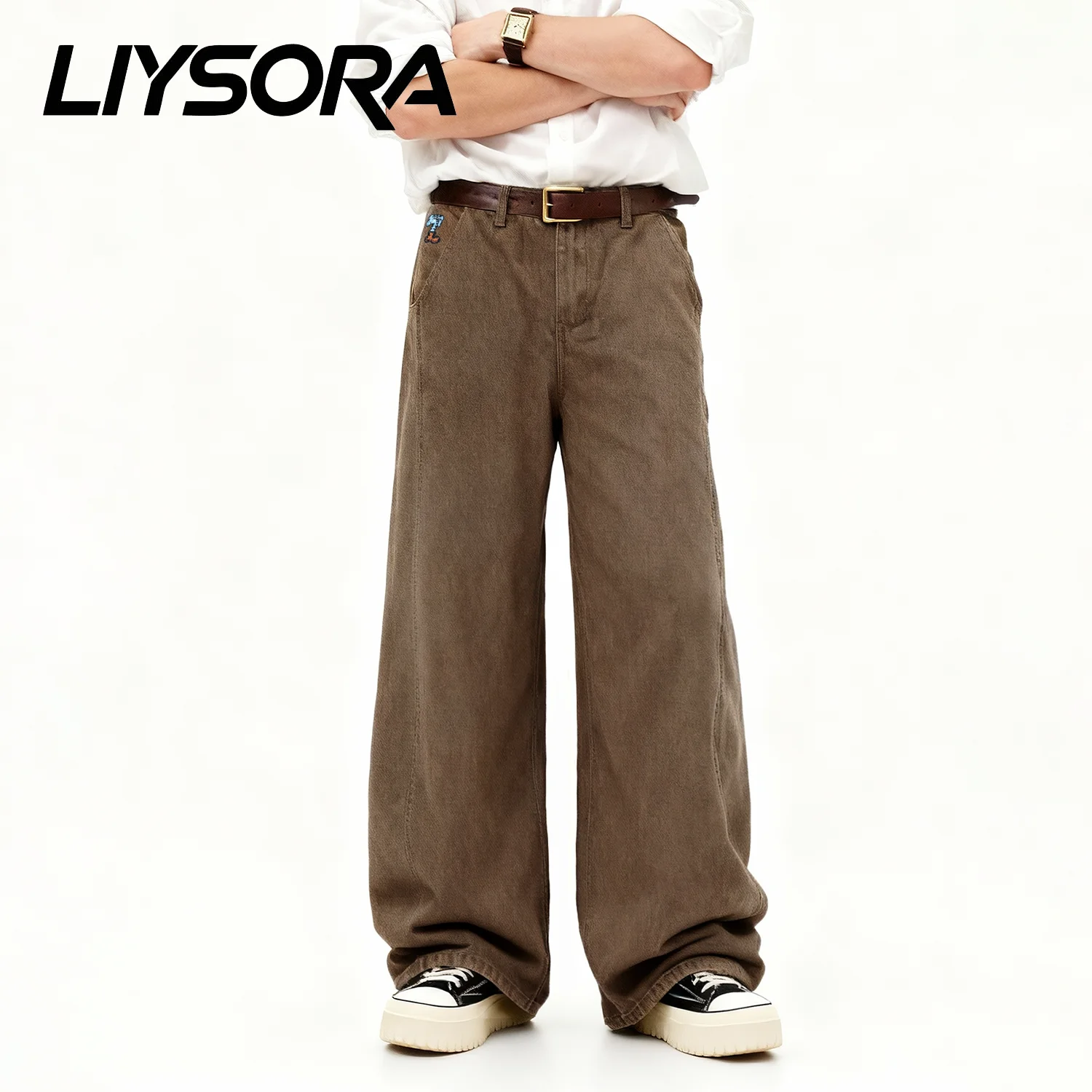 LIYSORA American Retro Men's Ultra Baggy Wide Leg Jeans Daily Casual Cartoon Elephant Embroidery Loose Wide Leg Denim Pants