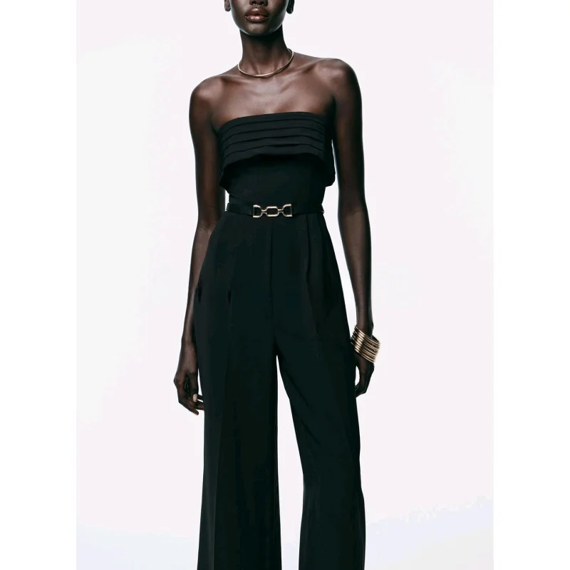 New Autumn Women's Wrap Design Straight Leg Belted Tube Top Pleated One-Piece Suit High Waist Long Pants Polyester Fiber