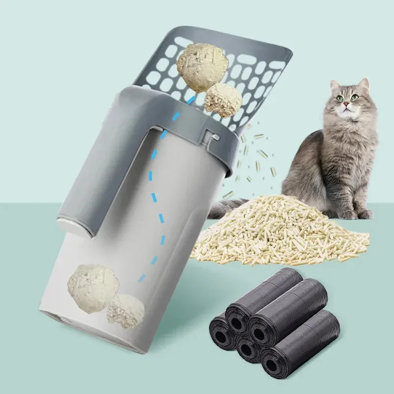 Pala recogedora de arena para gatos con bolsa de repuesto para limpieza de inodoros, recogedor de basura, suministros para gatos, caja de arena autolimpiable para gatos