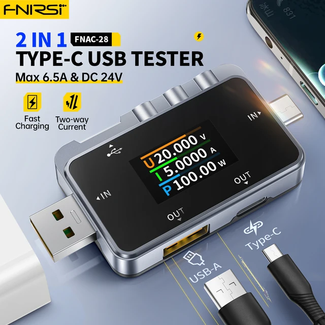 FNIRSI FNAC-28 6.5A Tester USB typu C woltomierz cyfrowy Amper Tester napięcia prądu amperomierz Power Bank ładowarka miernik pojemności