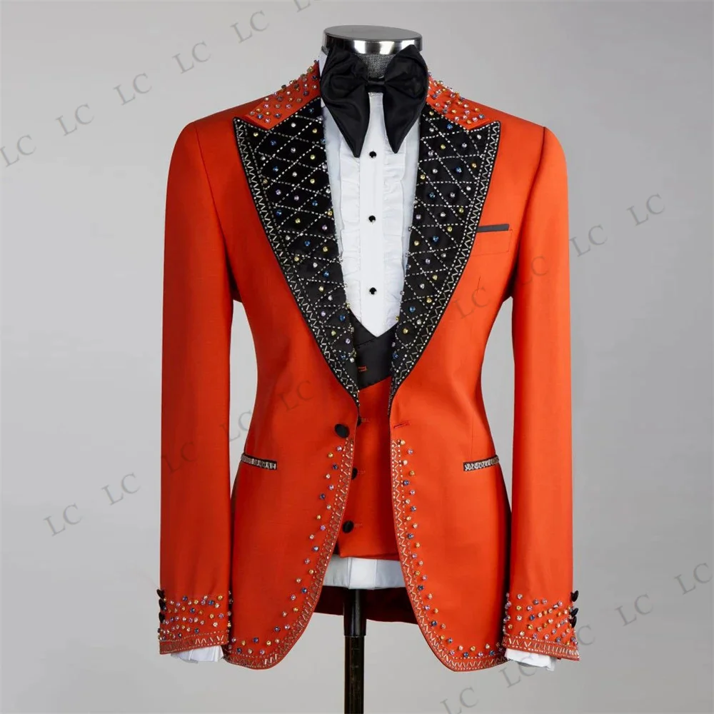 Luxury Diamonds 3 Pieces Blazer Pants Beadings Vest One ButtonMen Suits Tuxedo FashionFormal Prom Wedding Groom Plus Size Custom