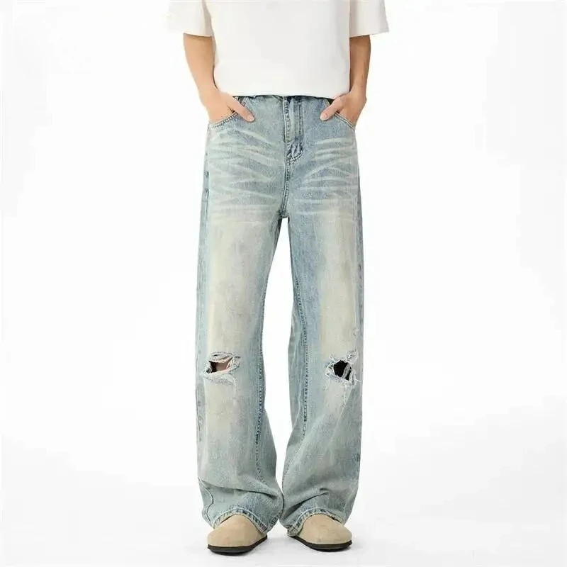 Light Blue Vintage Men's Baggy Jeans American Casual Single Knee Distressed Washed Streetwear Denim Long Pants