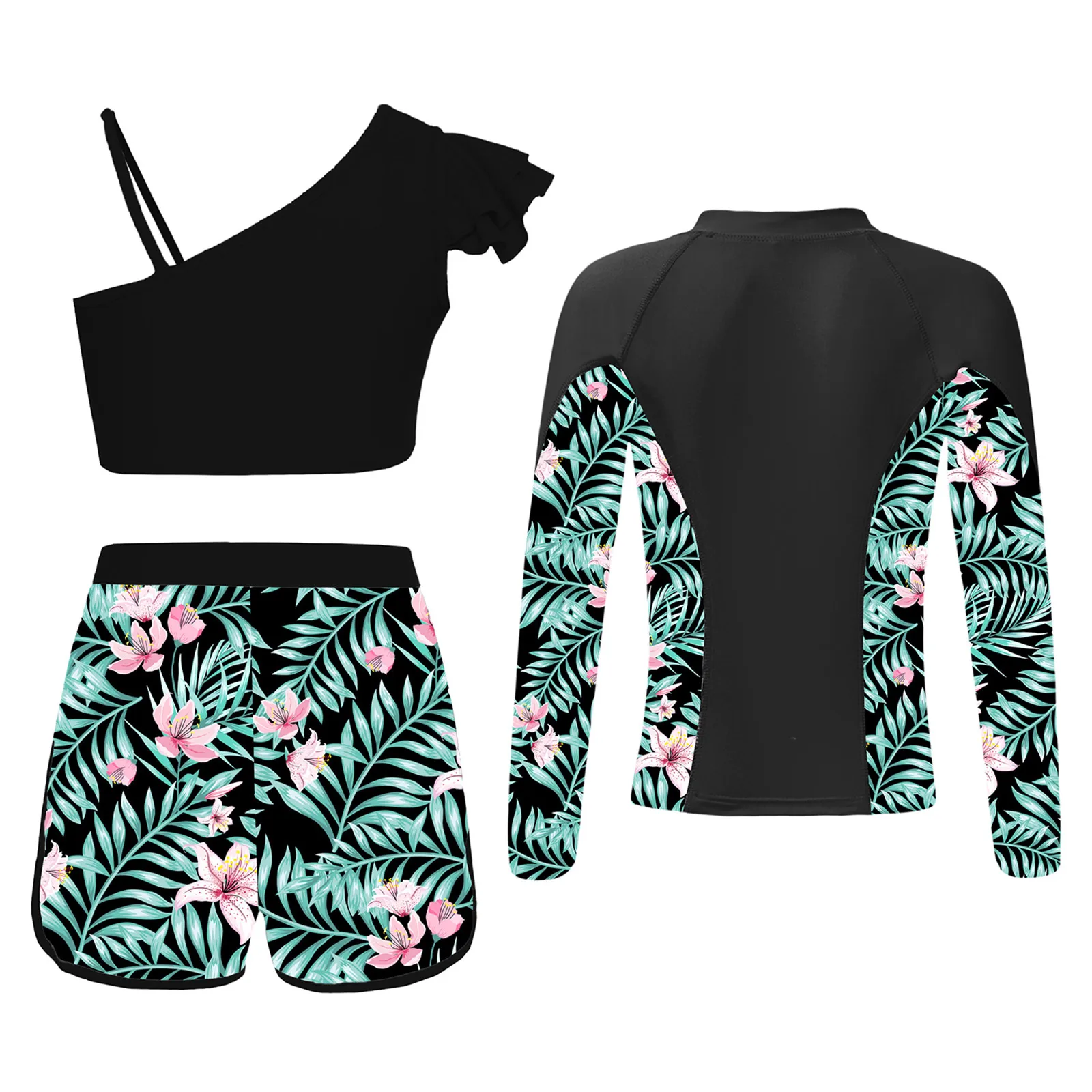 Kids Girls Three Tropical Print Rash Guard Swimsuit Long Sleeves Zipper Swim Top with Tankini Tops and Swim Beach Bathing Suit