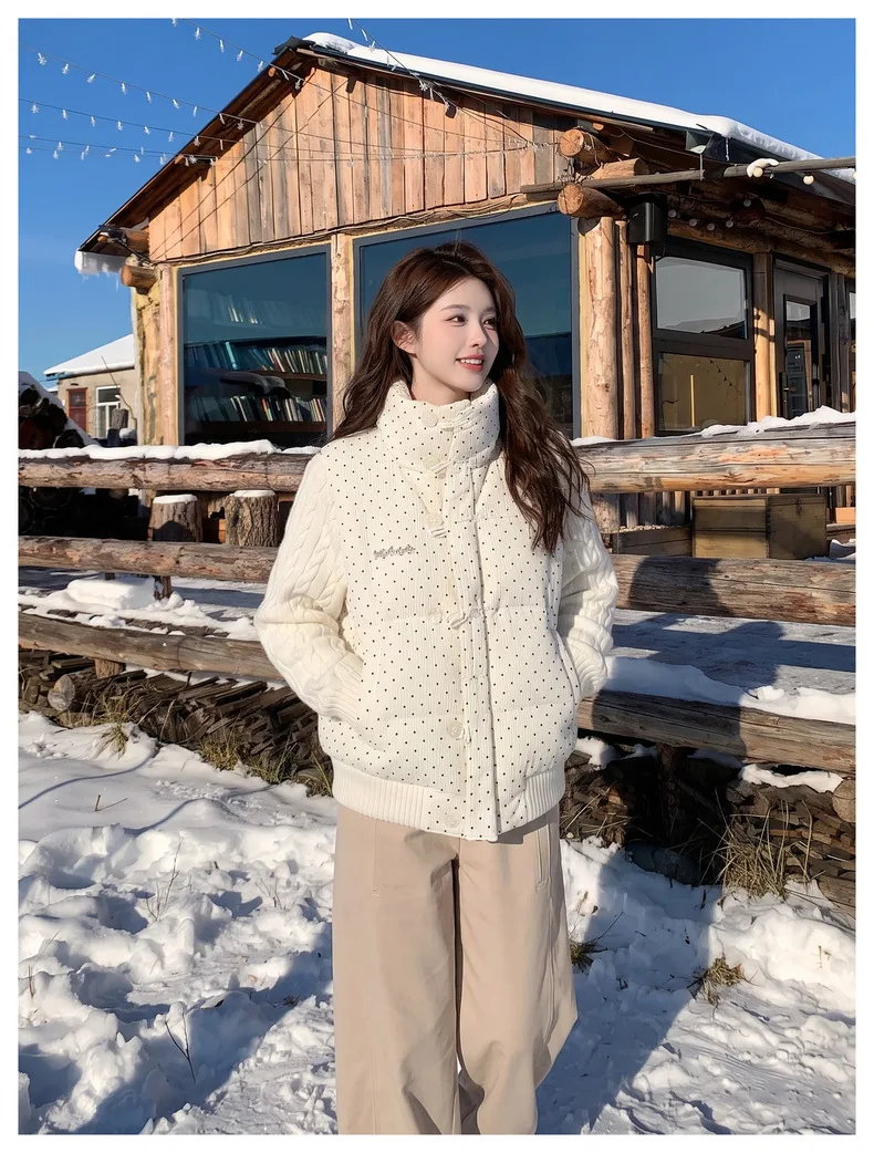 Korean Polka Dot Knit Patchwork Corduroy Cotton Jacket for Women Winter Sweet Thick Puffer Jackets Woman Stand Collar Y2K Parkas