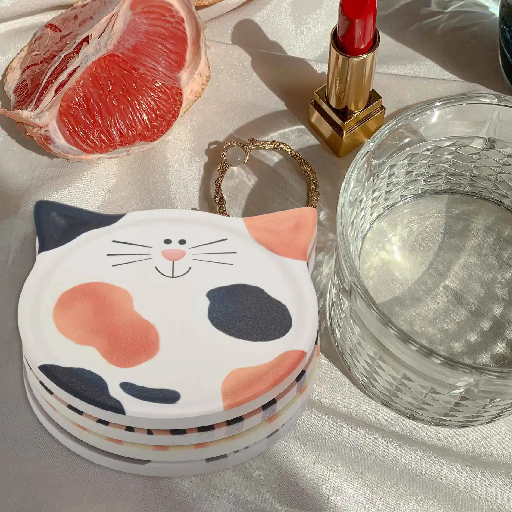 H-W 4 pièces dessous de verre pour boisson, dessous de verre absorbant l'eau, dessous de verre pour chat mignon, pour Table basse, lait, café, boisson chaude, Etc.