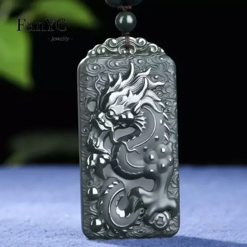 

Natural Hetian Jade Qingyu Royal Longshan Water Brand Pendant Double-sided Carved Dragon and Phoenix Necklace for Men and Women