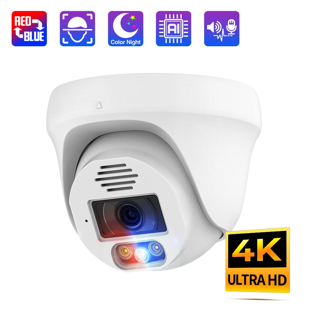 Techage-cámara de seguridad IP 4K de 8MP y 5MP, videocámara POE con alerta de luz roja y azul, detección facial inteligente IA, resistente al agua,