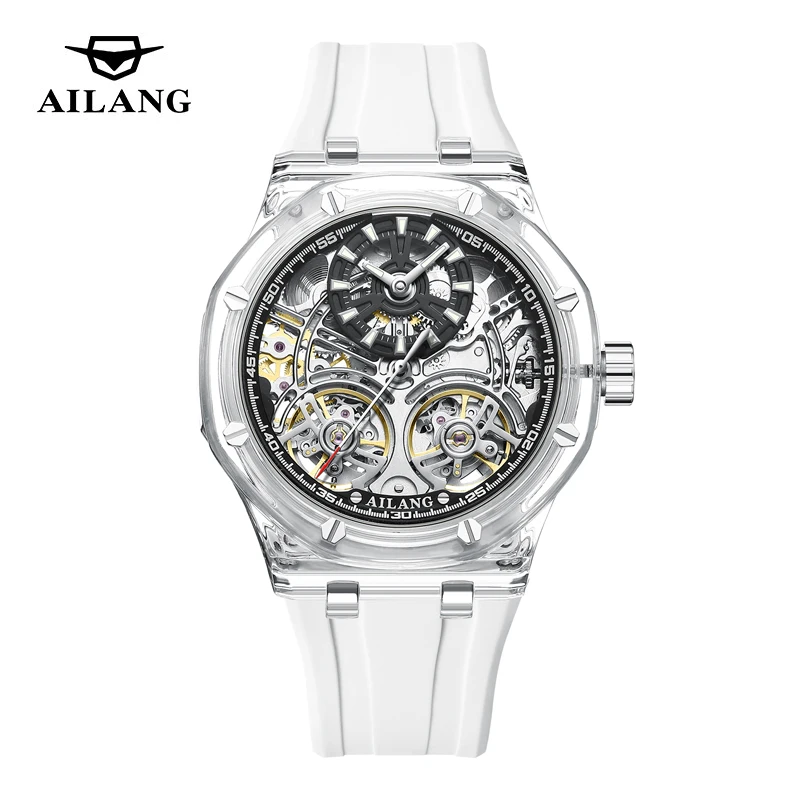 

AILANG Brand High-End Double Tourbillon Mechanical Watch for Men Sports Silicone Strap Waterproof Skeleton Automatic Watch Mens