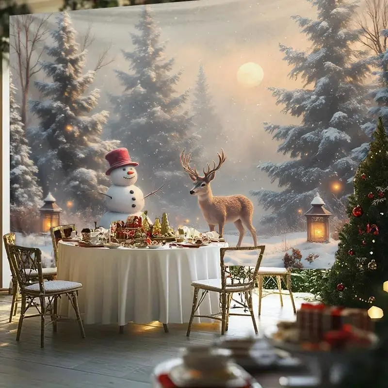 1pc Winter Snowy Landscape Tapestry Wall Hanging - Snowman, Deer & Lanterns in Snowy Forest Scene with Cozy Cabin & Twinkling Li