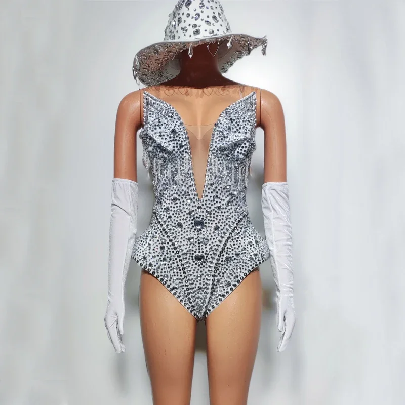 Women Singer Festival Outfit Bar Nightclub Dj Ds Gogo Costume Pole Dance Clothing Red Sliver Full Rhinestones Bodysuit Hat