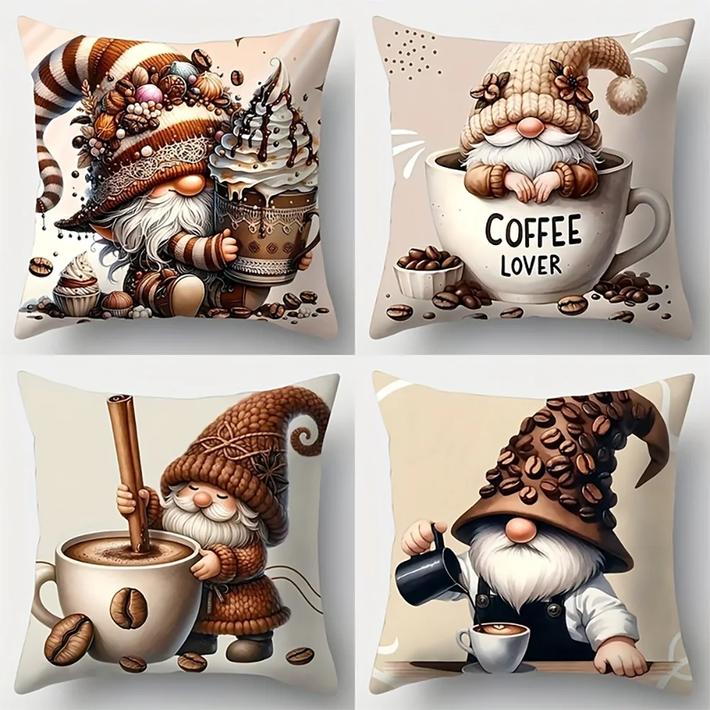 1PC 2D Flat Coffee Gnome Throw Pillow Covers Rustic Farmhouse Coffee Lover Decorative Cushion Cases for Home Cafe No Pillow Core
