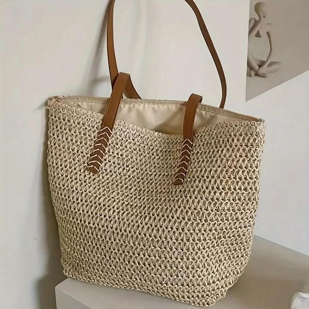 Bolso de mano de rafia tejido de color liso con cremallera, cuadrado, de gran capacidad, para playa, primavera