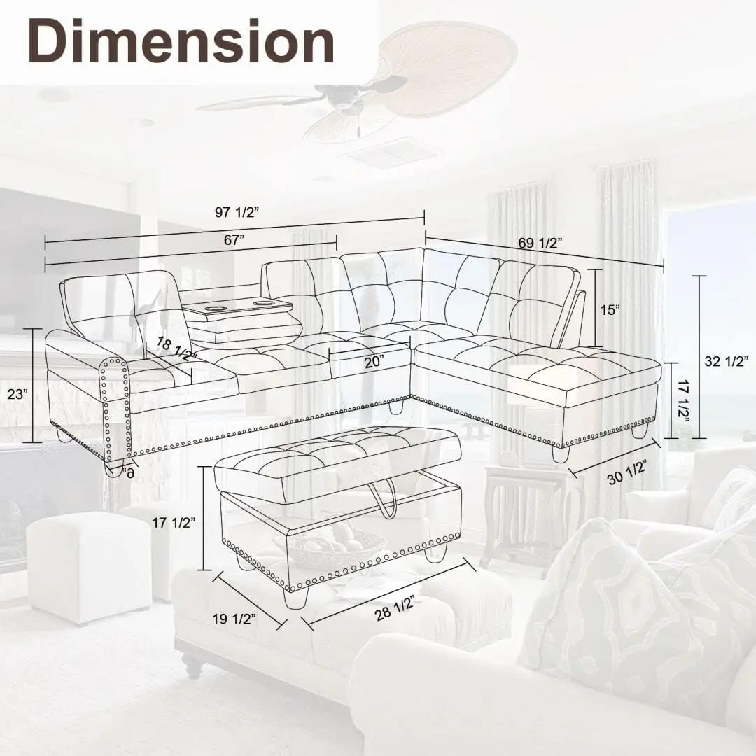 Small LeatherSectional Sofa,LivingRoom FurnitureSets,L Shaped Couch with Cup Holder and Ottoman(Right-Facing,Brown Leather Sofa)