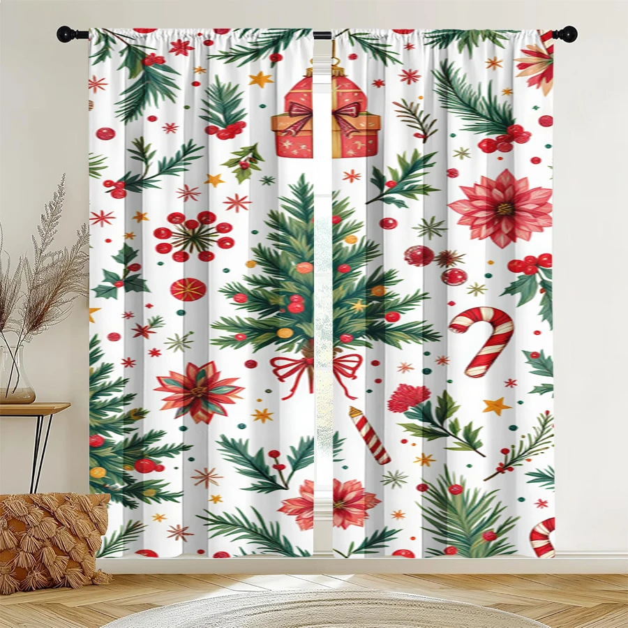 2PCS Christmas Winter Curtains, Tree Gift Poinsettia Star, Digital Print, Bedroom Living Room, Rod Pocket Polyester, Home Decor