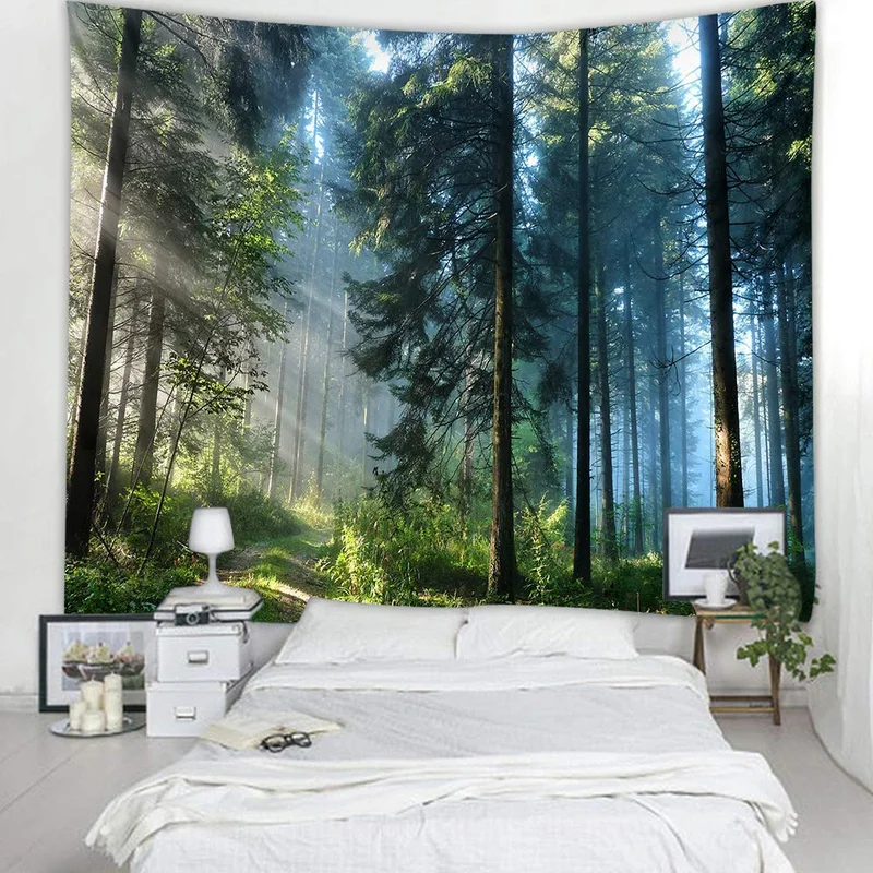VIKAMA Misty Forest Tall Pine Trees Sunlight Rays Tapestry Nature Landscape Wall Hanging Bedroom Living Room Backdrop Decor