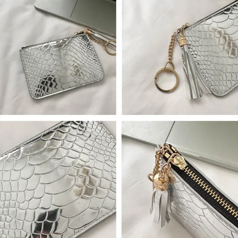 Mini porte-monnaie brillant imprimé crocodile pour femme, portefeuille en PU polyvalent, porte-cartes portable, sac d'identité, poudres à clés, mignon, nouvelle mode