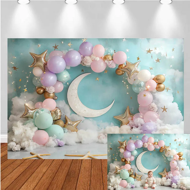 

LS Photography Background Arch Balloon Star Moon Candy Decor Birthday Cake Smash Baby Shower Kids Portrait Photo Backdrop Studio