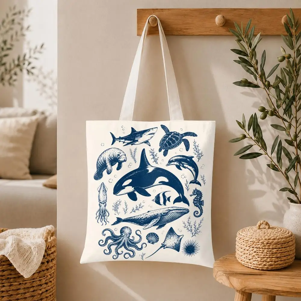 Marine Animal Storage Bags Large Capacity Canvas Tote Bag Double-Sided Print Shoulder Handbag for Daily Shopping