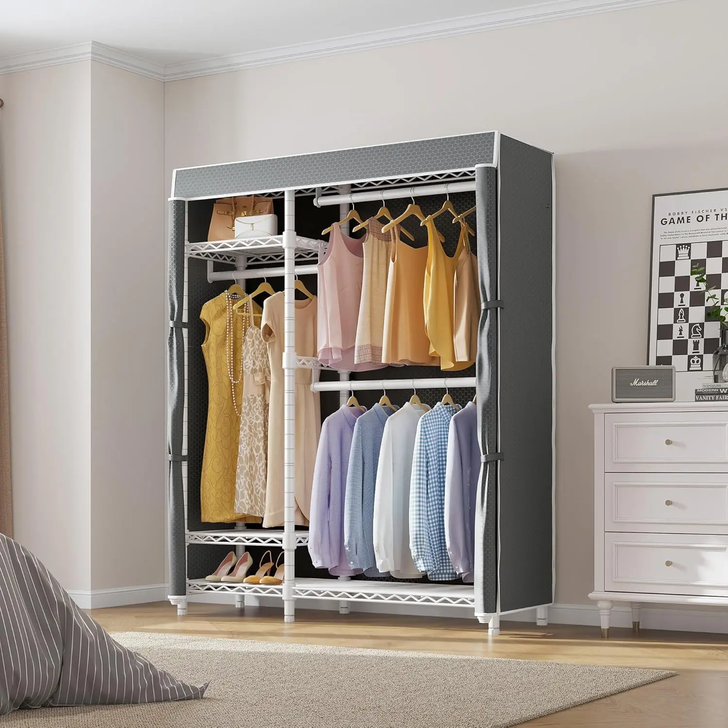 V2C Wardrobe Garment Rack, Garment Rack com Tampa de Poliéster Atualizado, Prateleiras Ajustáveis e Hang Rods, VIP, Cinza