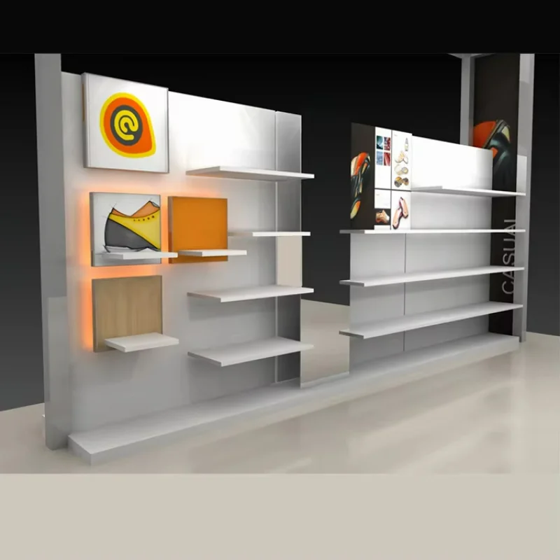 custom.Customizable Metallic and Wood Shoe Display Kiosk Supermarket Shelves Mall Rack Display on Sale