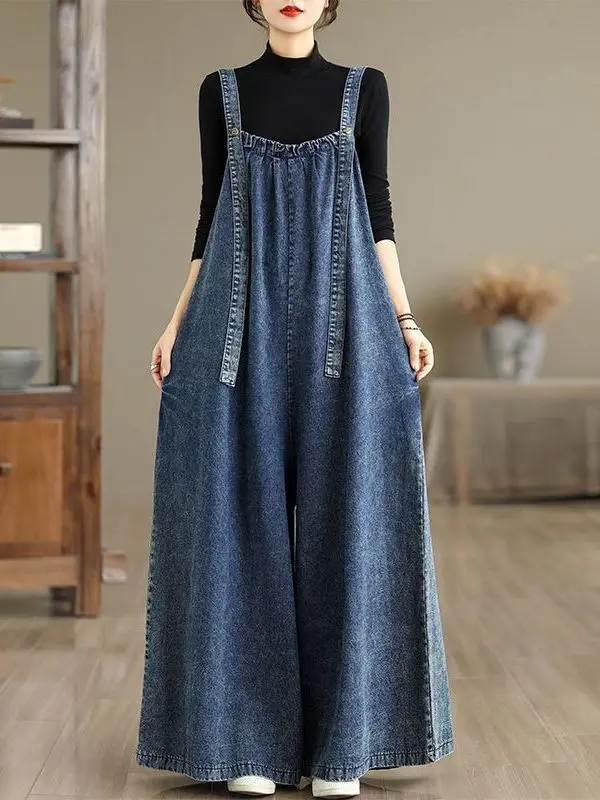 

Loose Materni Overalls Women's Denim Rer Long plus Size Wide Leg Jeans Jumpsuit Vintage Sle Conceal Flattering Slimming