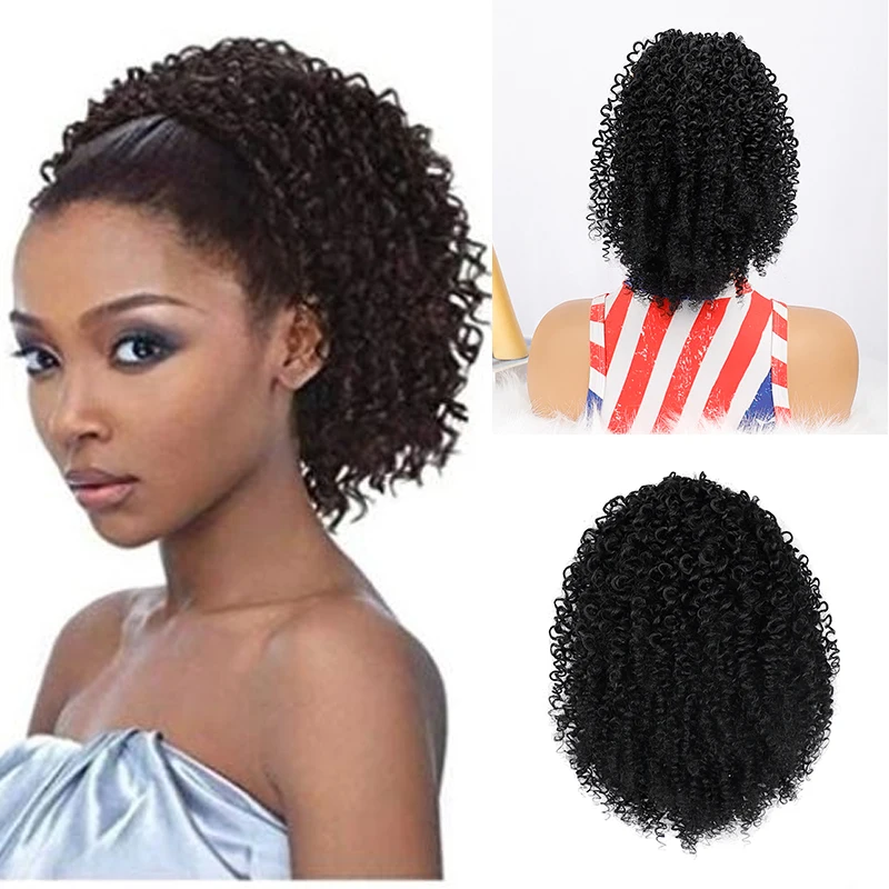 Short Kinky Curly Ponytail Afro Curly Drawstring Ponytail Clip in Hair Extensions for Women Synthetic Ombre Ponytail Hairpieces