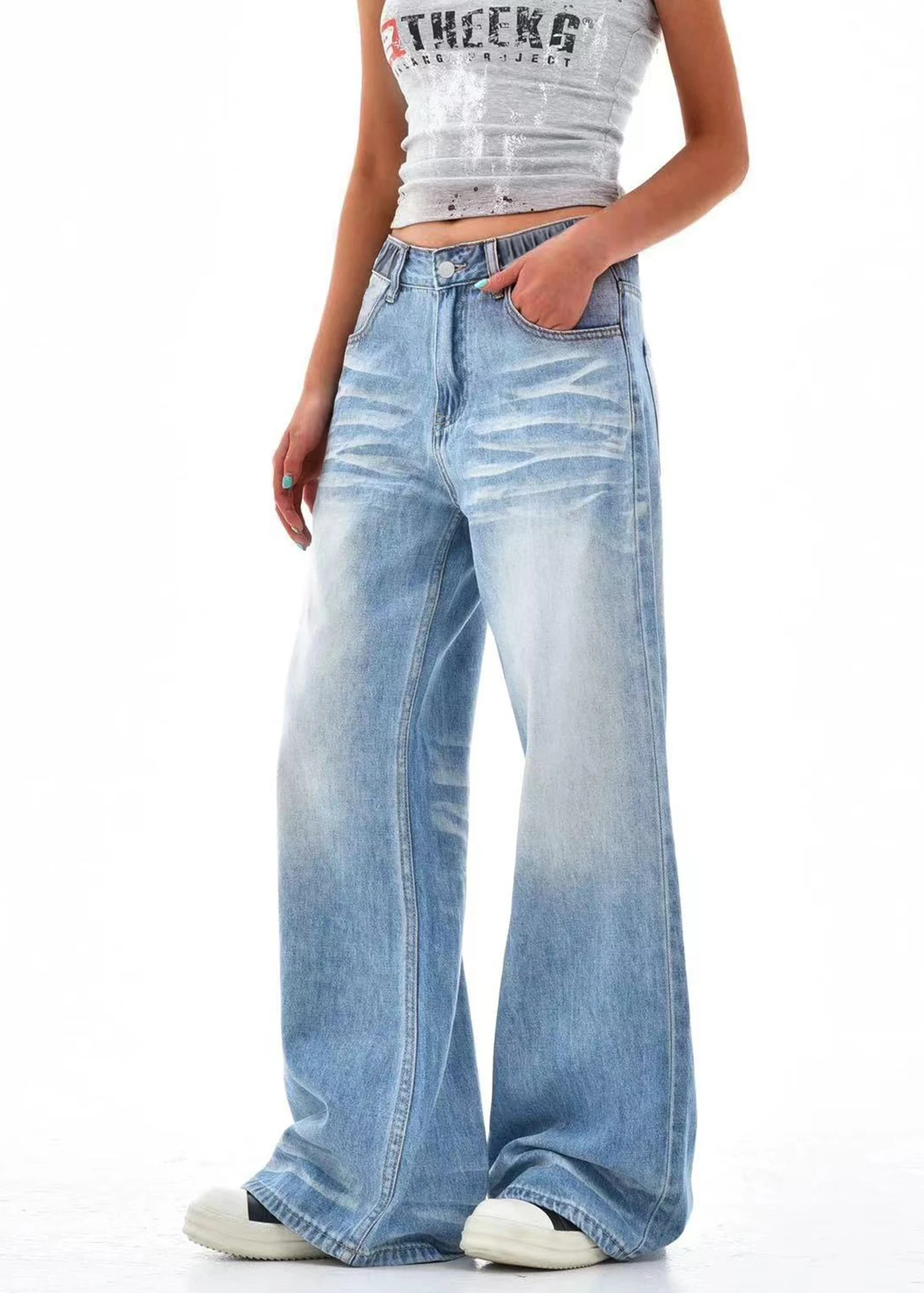 

Teenage Girls' Washed Blue Minimalist Preppy Wide-Leg Straight Leg Jeans Loose Casual Long Denim Pan