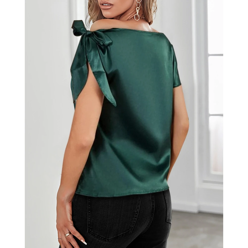 Women Asymmetrical Neck Bowknot Decor Satin Top Summer T-Shirts Casual Solid Short Sleeve Tees 2024 Sexy y2k Clothing Elegant