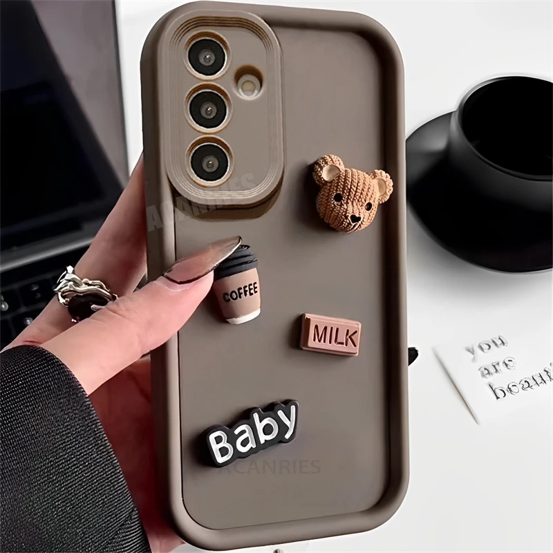 A 16 26 36 56 Cute 3D Bear Coffee Cartoon Silicone Case For Samsung Galaxy A16 A26 A36 A56 A06 Soft Matte Cover S24 Fe S25 Plus - náhled 5