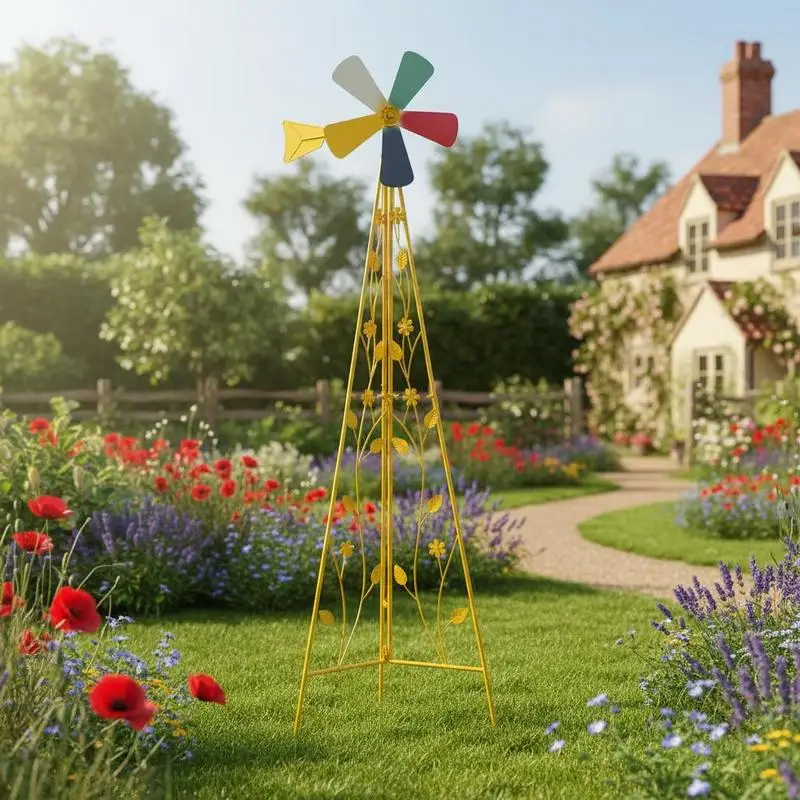 

6.2ft Yellow 5-Blade Iron Windmill with Tripod Stand