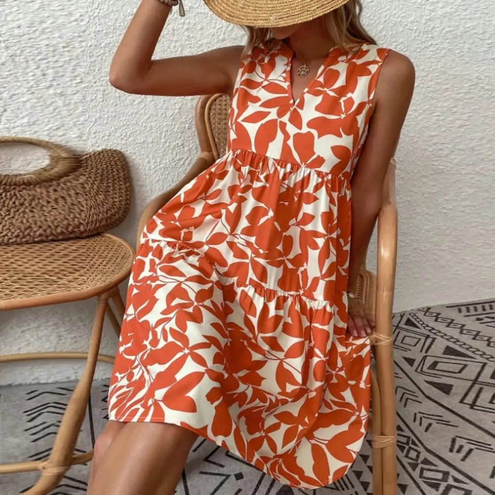 Women Boho Print Mini Dress Summer Elegant Sleeveless V Neck Ruffle A Line Tank Dress Casual Loose Oversize Beach Party Sundress