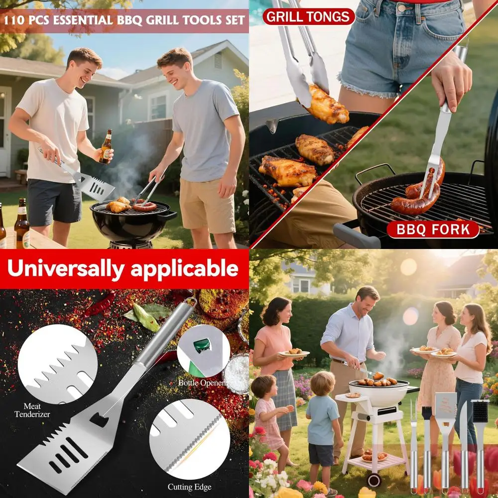 

Stainless Steel BBQ Tool Set: 110-Piece Heavy Duty Grill Accessories with Spatula, Tongs, Brush, and Claws for Outdoor Cooking a