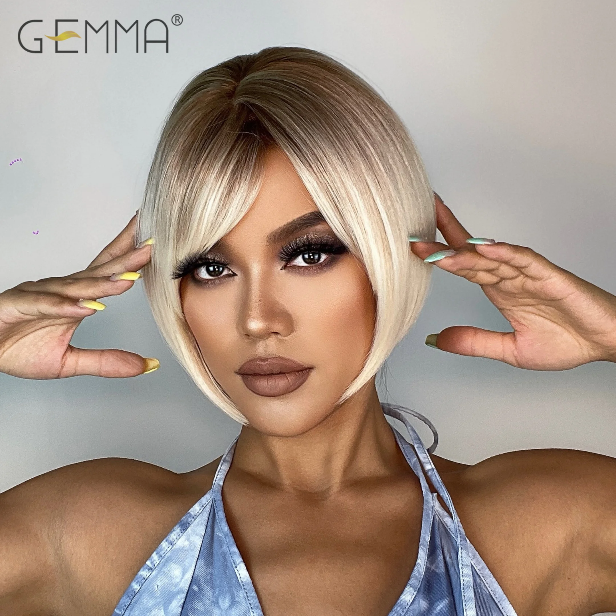 Short Bob Synthetic Wig Platinum Blonde Ombre Straight Wigs with Bangs for Black Women Afro Heat Resistant Cosplay Daily Hair