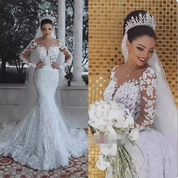 2025 Novo vestido de noiva sexy de renda sereia com decote em V profundo para estilos europeus e americanos transfronteiriços