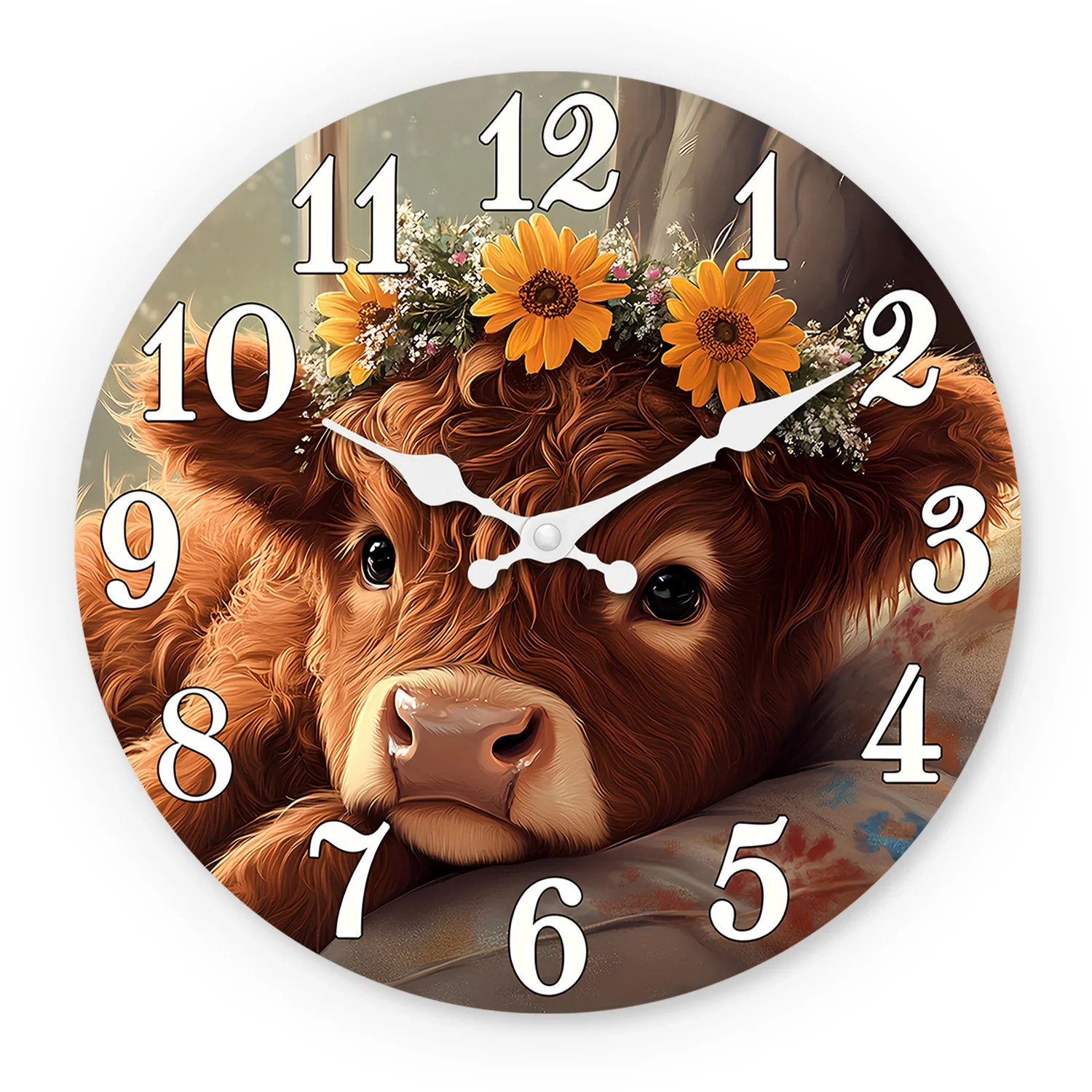 Modische Hochlandkuh-Sonnenblumen-Holzwanduhr, Wohnzimmer, Schlafzimmer, Küche, Heimdekoration, Wanduhr, stille Quarzuhr, Weihnachtsgeschenk, 25,4 cm, 30,5 cm, 40,6 cm (keine Batterie)