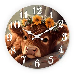 Fashionable Highland Cow Wearing Sunflower Wooden Wall Clock Living Room Bedroom Kitchen Home Decoration Silent Quartz Clock Holiday Gift 10 Inches 12 Inches 14inch 16inch (No Battery)