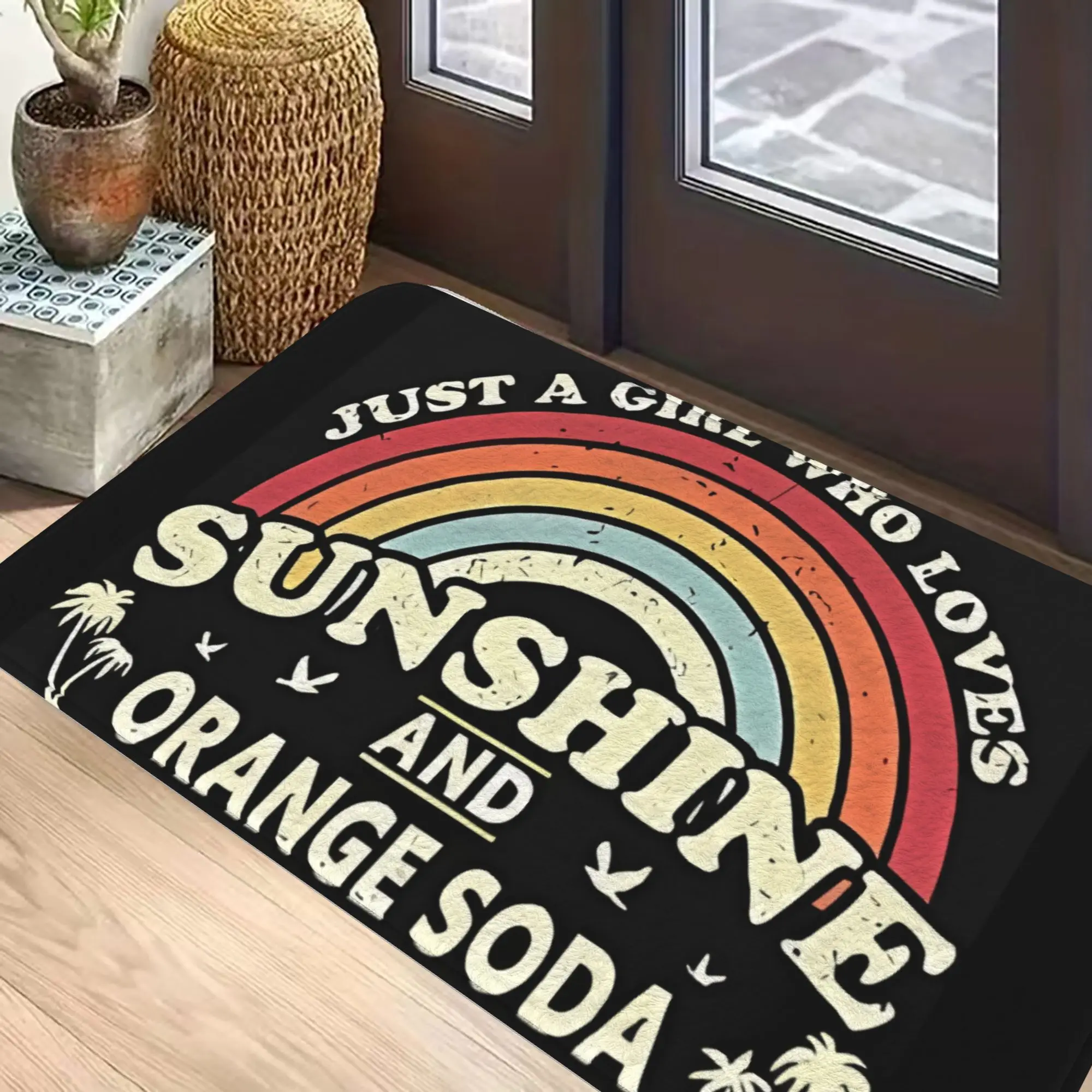 Just a Girl Who Loves Sunshine and Orange Soda” Doormat  Non-Slip Flannel with Rainbow and Palm Trees, Entryway Kitchen Bathroom
